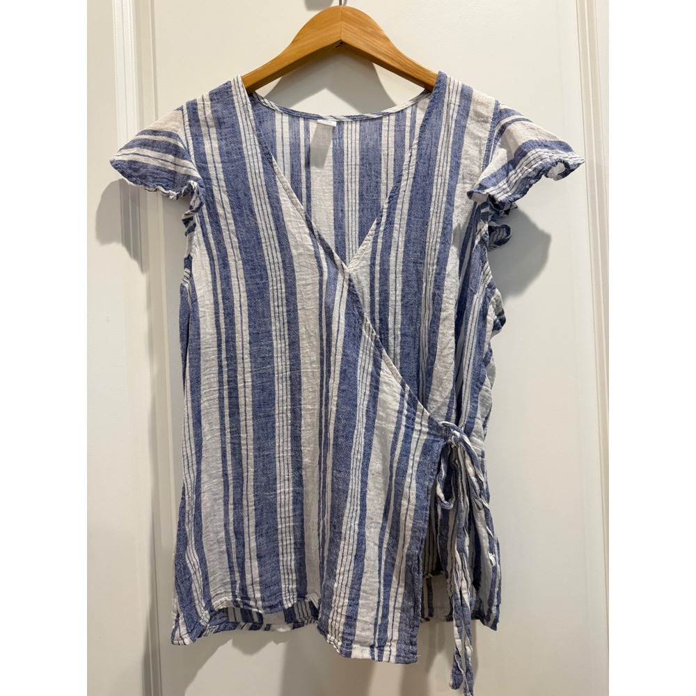 Old Navy Womens S Blue White Striped Linen Blend Flutter‎ Sleeve Wrap Top Blouse